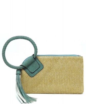 Straw Cuff Handle Tassel Wristlet Clutch ST204 TURQUOISE